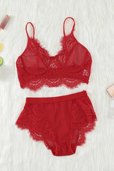Red Spaghetti Strap Push Up Eyelash Lace Bra Set